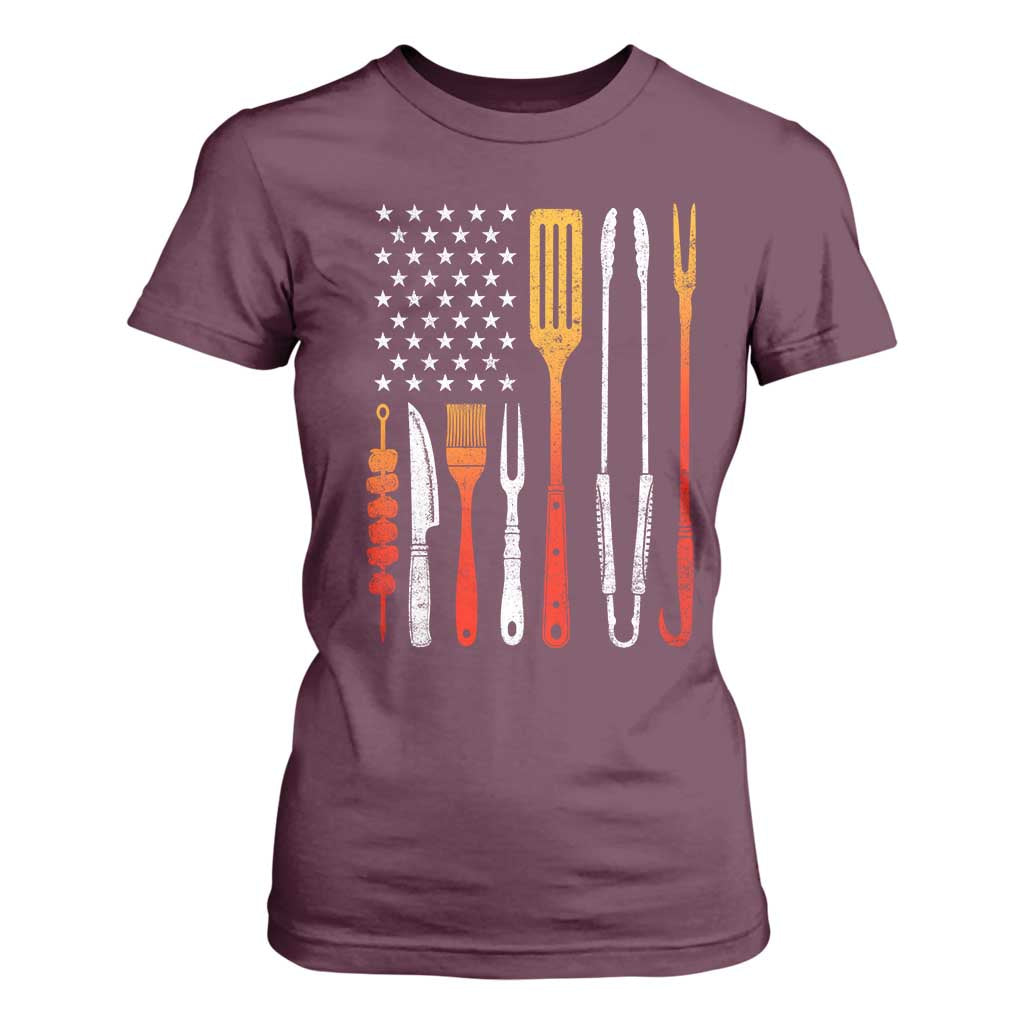 Bbq Smoker T Shirt For Women Barbecue Chef Smoking Tools Grilling Pit Master USA Flag TS10 Maroon Print Your Wear