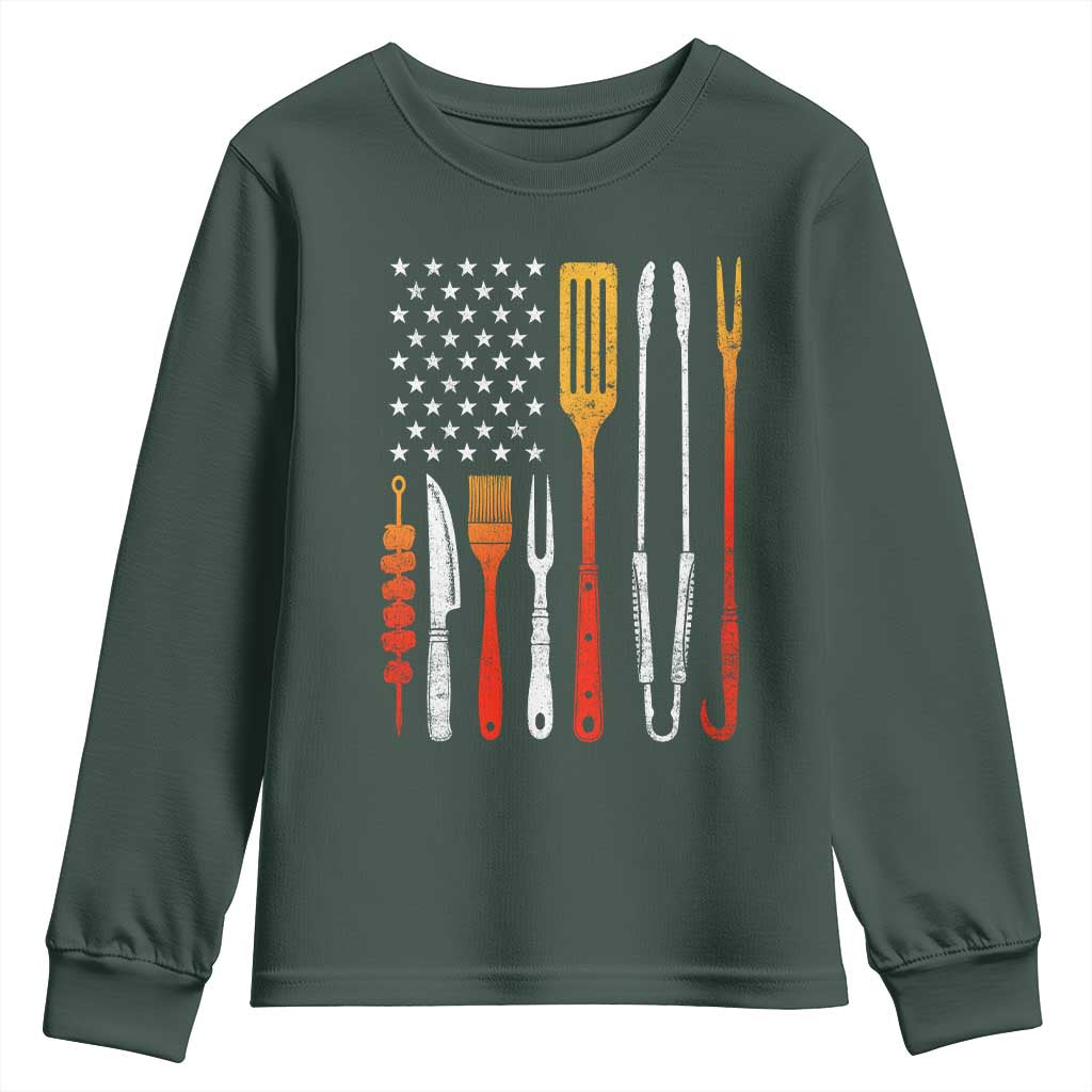 Bbq Smoker Youth Sweatshirt Barbecue Chef Smoking Tools Grilling Pit Master USA Flag TS10 Dark Forest Green Print Your Wear