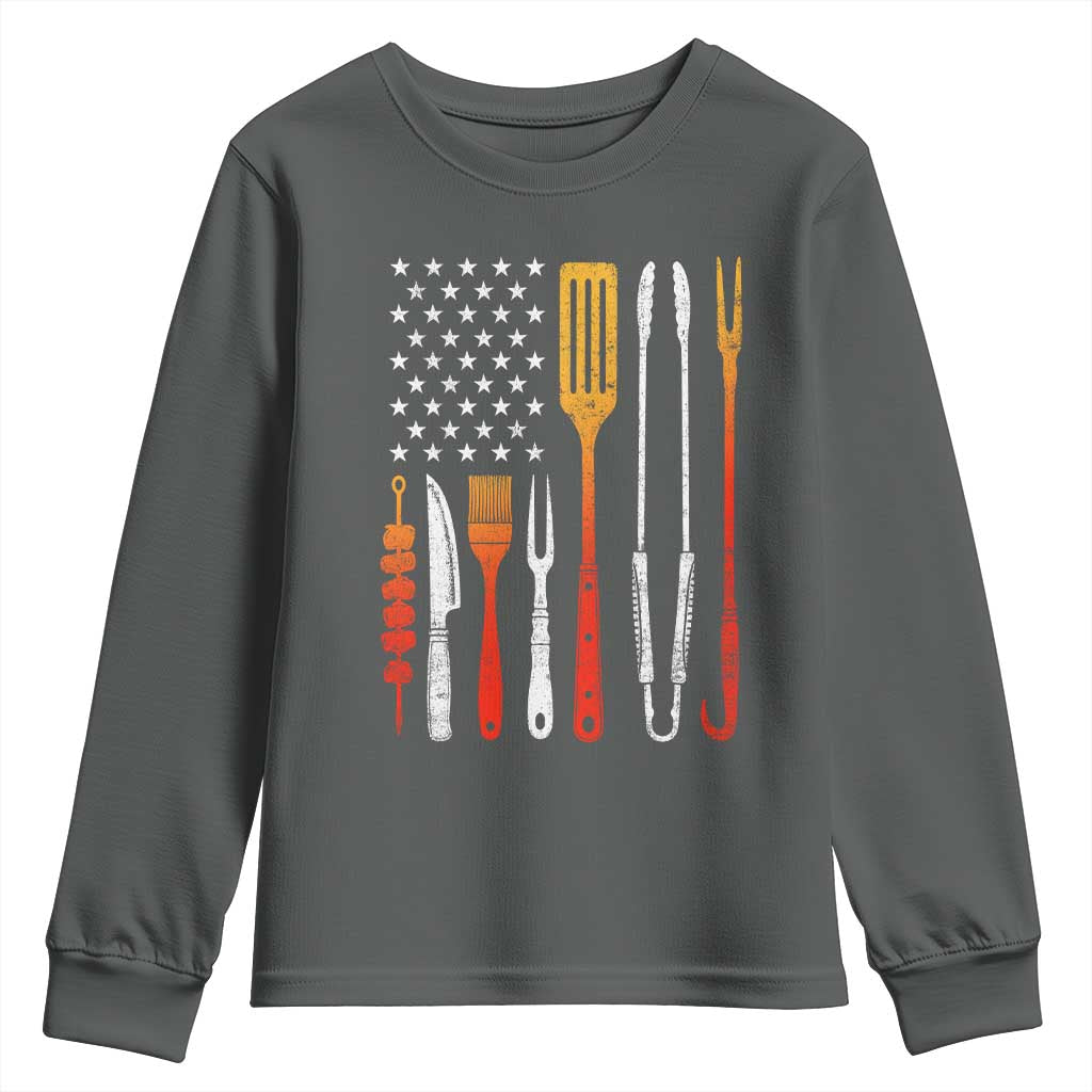 Bbq Smoker Youth Sweatshirt Barbecue Chef Smoking Tools Grilling Pit Master USA Flag TS10 Dark Heather Print Your Wear