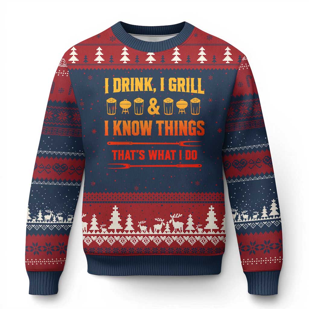 Funny BBQ Beer Lovers Ugly Christmas Sweater I Drink I Grill And I Know Things Bbq Barbecue Beer TS10 Navy Red Print Your Wear