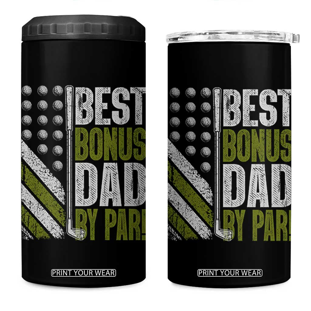 Best Bonus Dad By Par 4 in 1 Can Cooler Tumbler Step Dad Golf American Flag Fathers Day Gift For Golfers TS10 One Size: 16 oz Black Print Your Wear