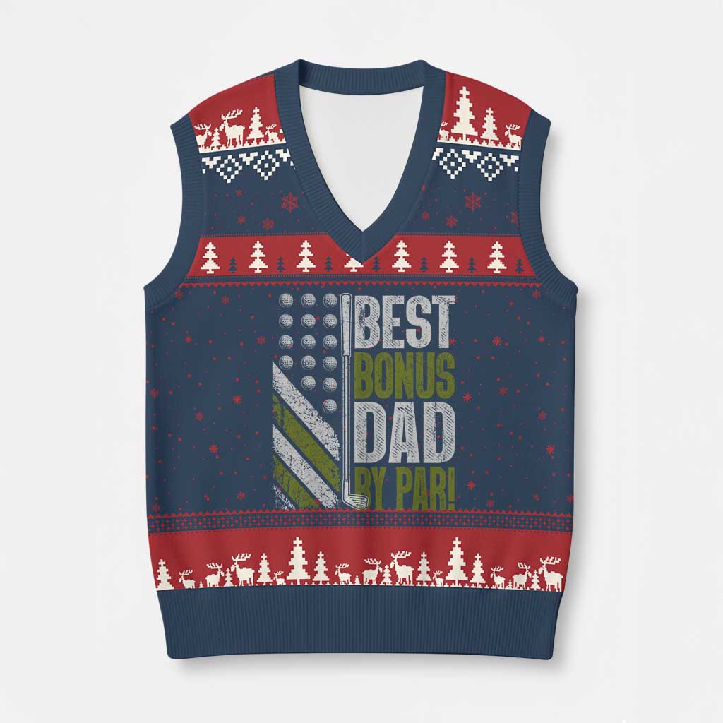 Best Bonus Dad By Par V-Neck Knit Sweater Vest Step Dad Golf American Flag Fathers Day Gift For Golfers TS10 Navy Red Print Your Wear