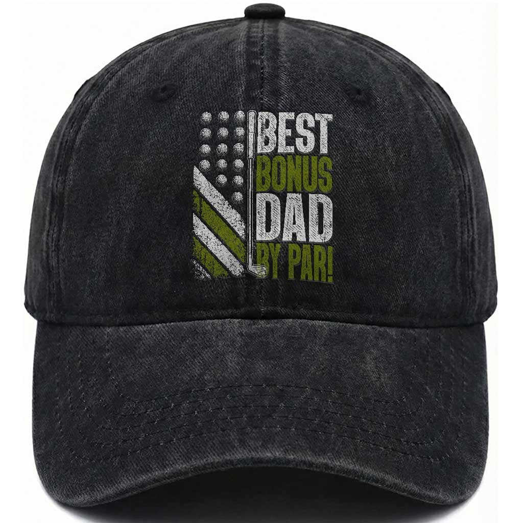 Best Bonus Dad By Par Washed Cotton Baseball Cap Step Dad Golf American Flag Fathers Day Gift For Golfers TS10 Print Your Wear