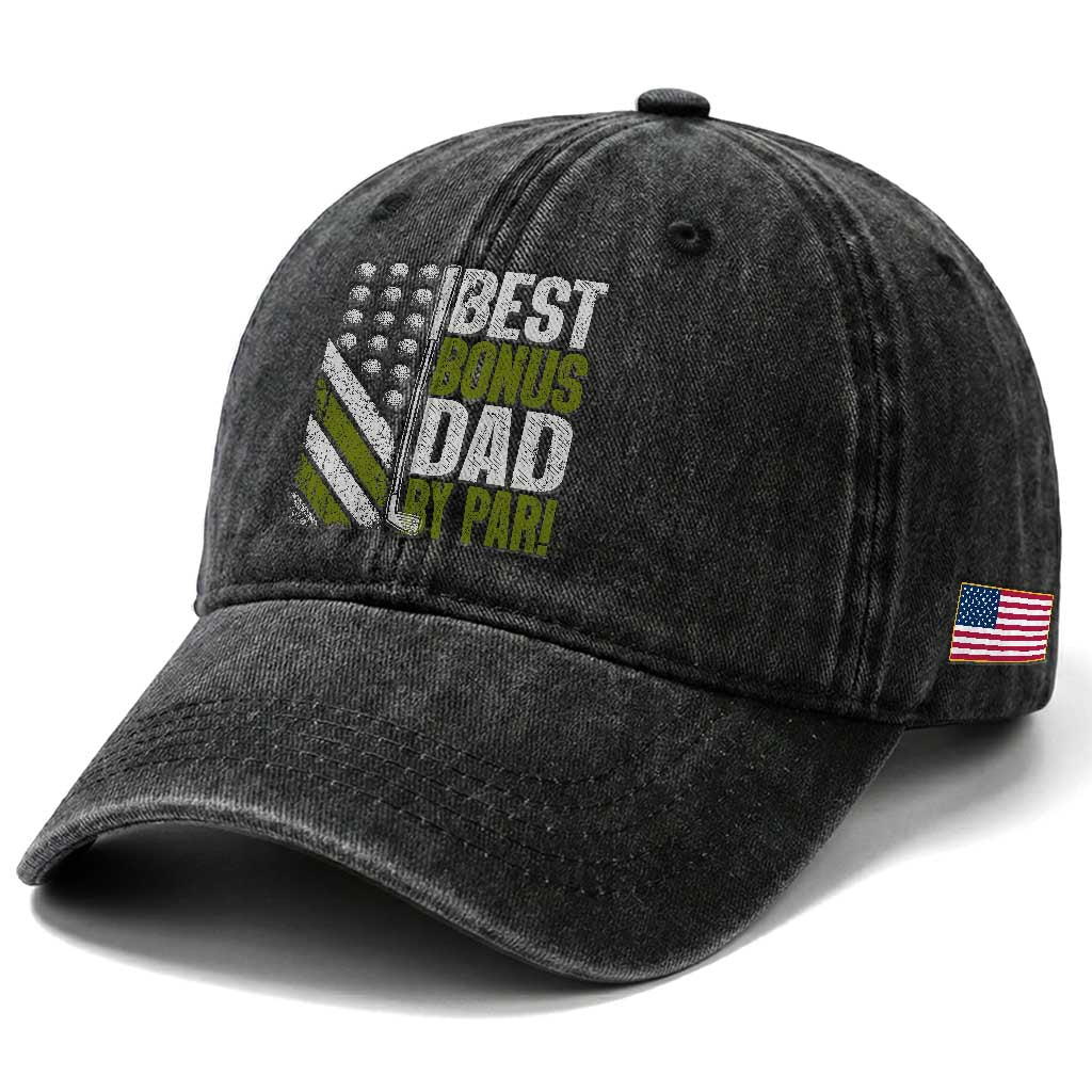 Best Bonus Dad By Par Washed Cotton Baseball Cap Step Dad Golf American Flag Fathers Day Gift For Golfers TS10 Print Your Wear