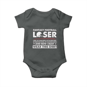 I Suck at Fantasy Football Baby Onesie Funny Loser Commissioner Draft Party Commish FFL TS10 Dark Heather Print Your Wear