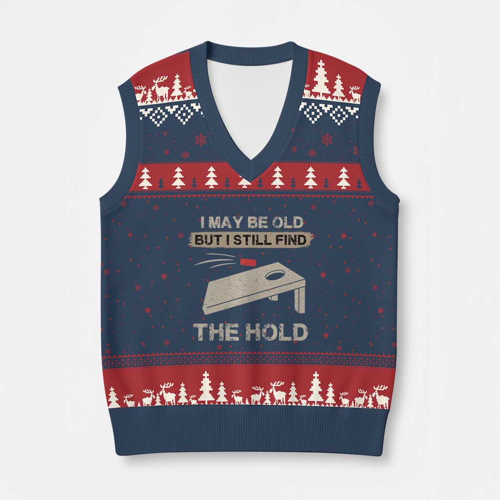 I May Be Old But I Still Find The Hole Cornhole V-Neck Knit Sweater Vest Funny Old Man Saying TS10 Navy Red Print Your Wear