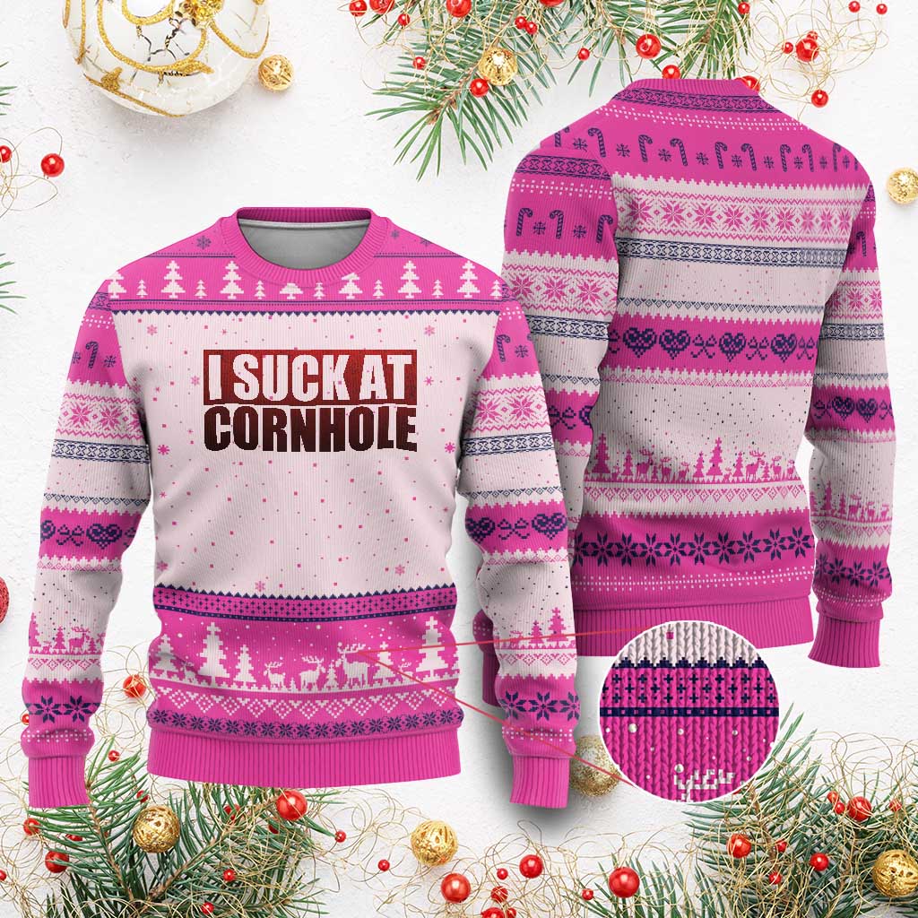 I Suck At Cornhole Ugly Christmas Sweater Funny Bean Bag Toss Game TS10 Hot Pink Print Your Wear