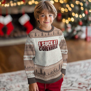 I Suck At Cornhole Ugly Christmas Sweater Funny Bean Bag Toss Game TS10 Mocha Mousse Print Your Wear