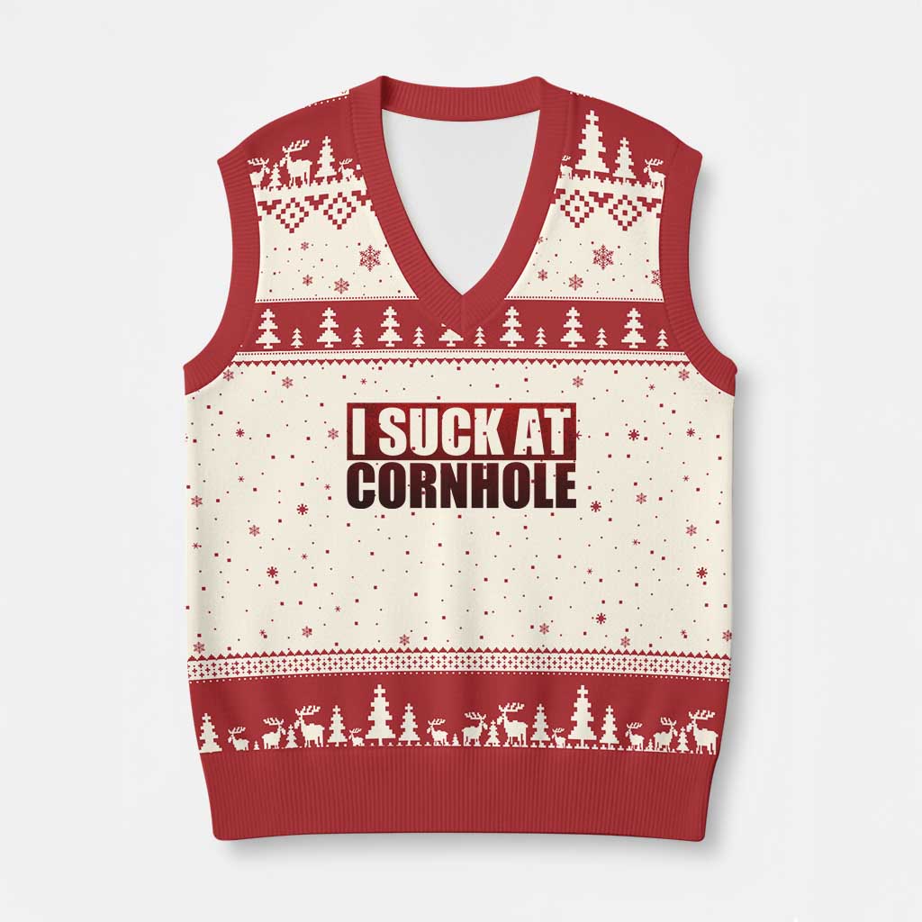I Suck At Cornhole V-Neck Knit Sweater Vest Funny Bean Bag Toss Game TS10 Beige Red Print Your Wear