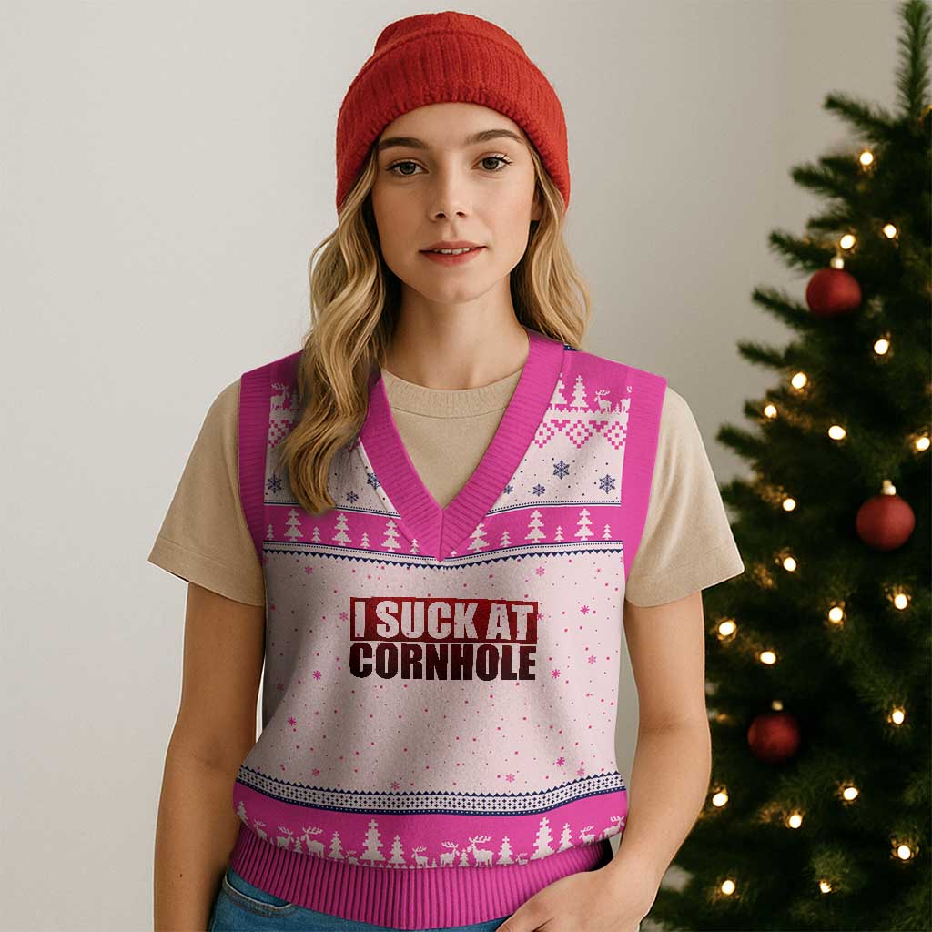 I Suck At Cornhole V-Neck Knit Sweater Vest Funny Bean Bag Toss Game TS10 Hot Pink Print Your Wear