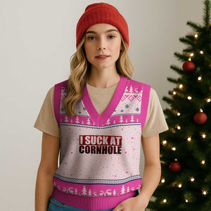 I Suck At Cornhole V-Neck Knit Sweater Vest Funny Bean Bag Toss Game TS10 Hot Pink Print Your Wear