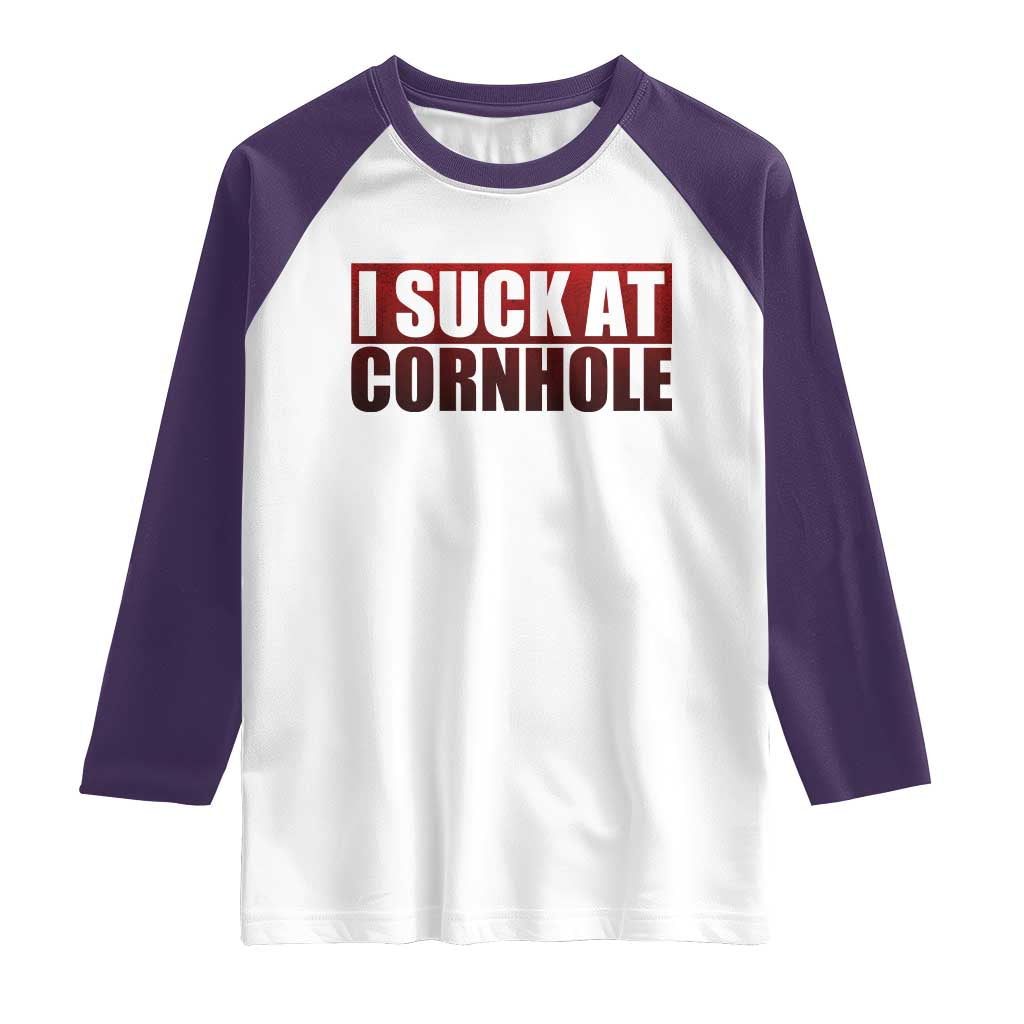 I Suck At Cornhole Raglan Shirt Funny Bean Bag Toss Game TS10 White Purple Print Your Wear