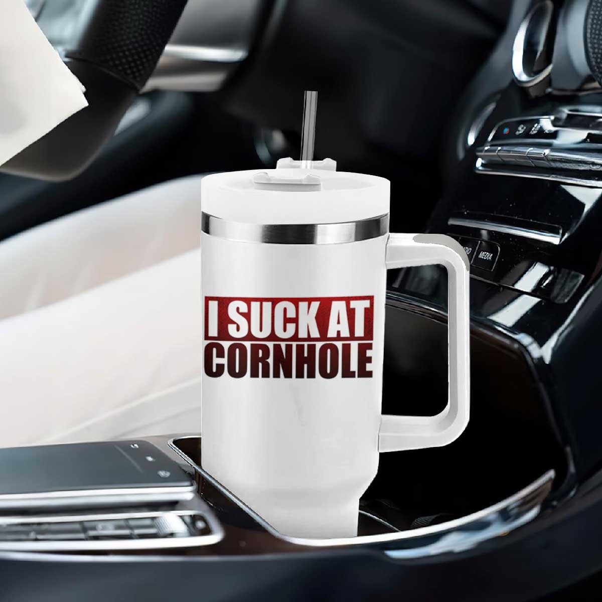 I Suck At Cornhole Tumbler With Handle Funny Bean Bag Toss Game TS10 Print Your Wear