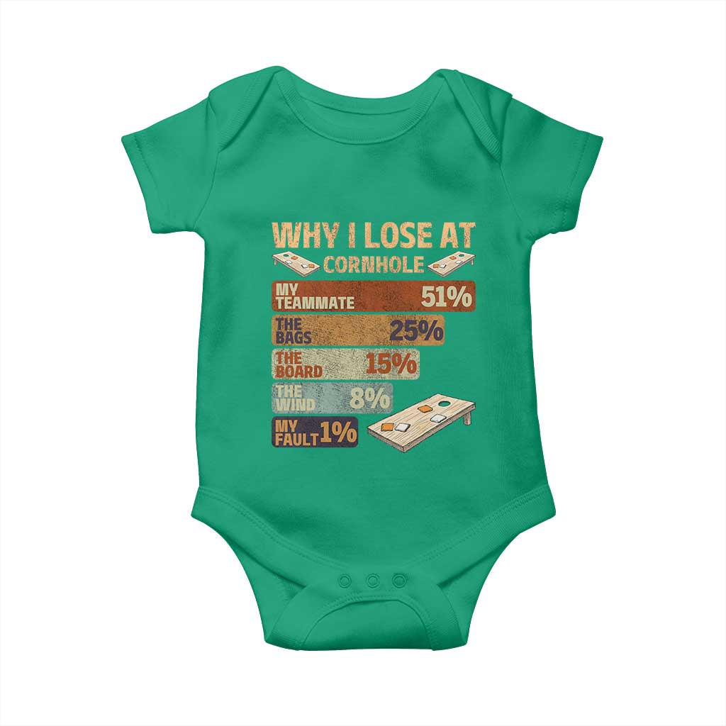 Funny Cornhole Player Baby Onesie Retro Why I Lose Game Day Bean Bag Toss Game TS10 Irish Green Print Your Wear