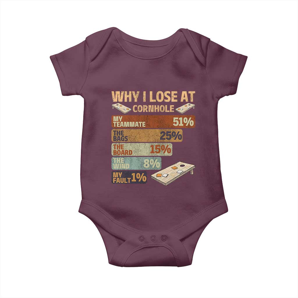Funny Cornhole Player Baby Onesie Retro Why I Lose Game Day Bean Bag Toss Game TS10 Maroon Print Your Wear