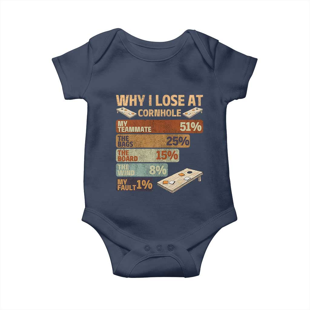 Funny Cornhole Player Baby Onesie Retro Why I Lose Game Day Bean Bag Toss Game TS10 Navy Print Your Wear