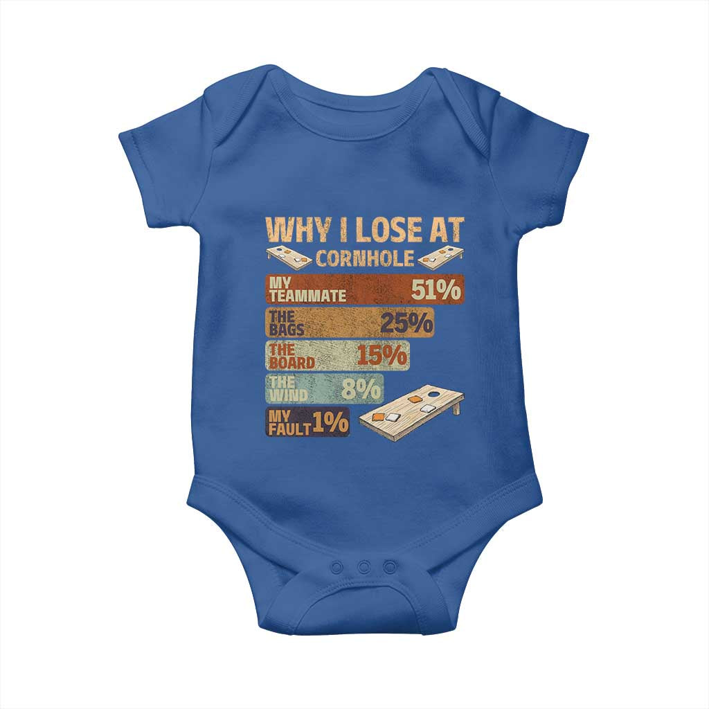 Funny Cornhole Player Baby Onesie Retro Why I Lose Game Day Bean Bag Toss Game TS10 Royal Blue Print Your Wear