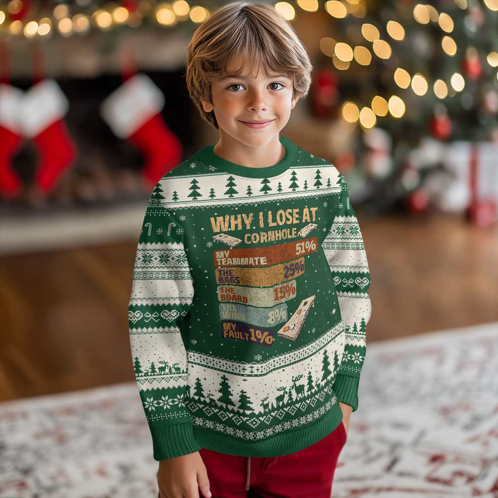Funny Cornhole Player Ugly Christmas Sweater Retro Why I Lose Game Day Bean Bag Toss Game TS10 Forest Green Beige Print Your Wear