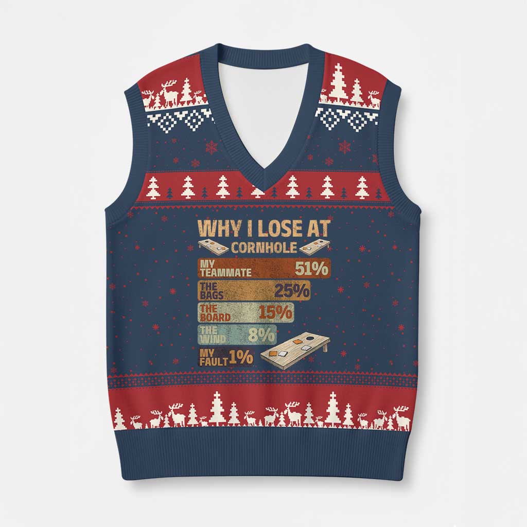 Funny Cornhole Player V-Neck Knit Sweater Vest Retro Why I Lose Game Day Bean Bag Toss Game TS10 Navy Red Print Your Wear