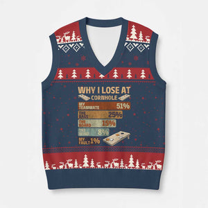 Funny Cornhole Player V-Neck Knit Sweater Vest Retro Why I Lose Game Day Bean Bag Toss Game TS10 Navy Red Print Your Wear