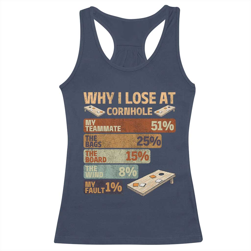 Funny Cornhole Player Racerback Tank Top Retro Why I Lose Game Day Bean Bag Toss Game TS10 Navy Print Your Wear
