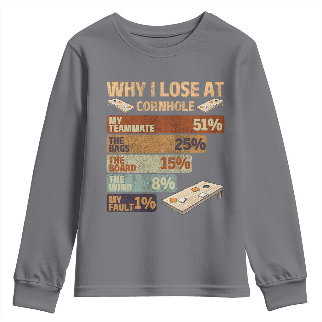 Funny Cornhole Player Youth Sweatshirt Retro Why I Lose Game Day Bean Bag Toss Game TS10 Charcoal Print Your Wear