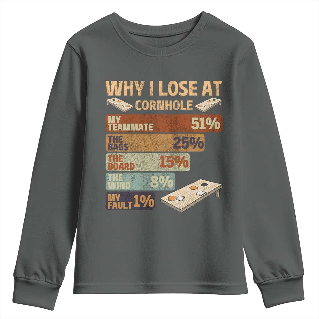 Funny Cornhole Player Youth Sweatshirt Retro Why I Lose Game Day Bean Bag Toss Game TS10 Dark Heather Print Your Wear