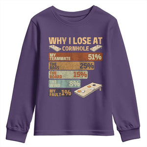 Funny Cornhole Player Youth Sweatshirt Retro Why I Lose Game Day Bean Bag Toss Game TS10 Purple Print Your Wear