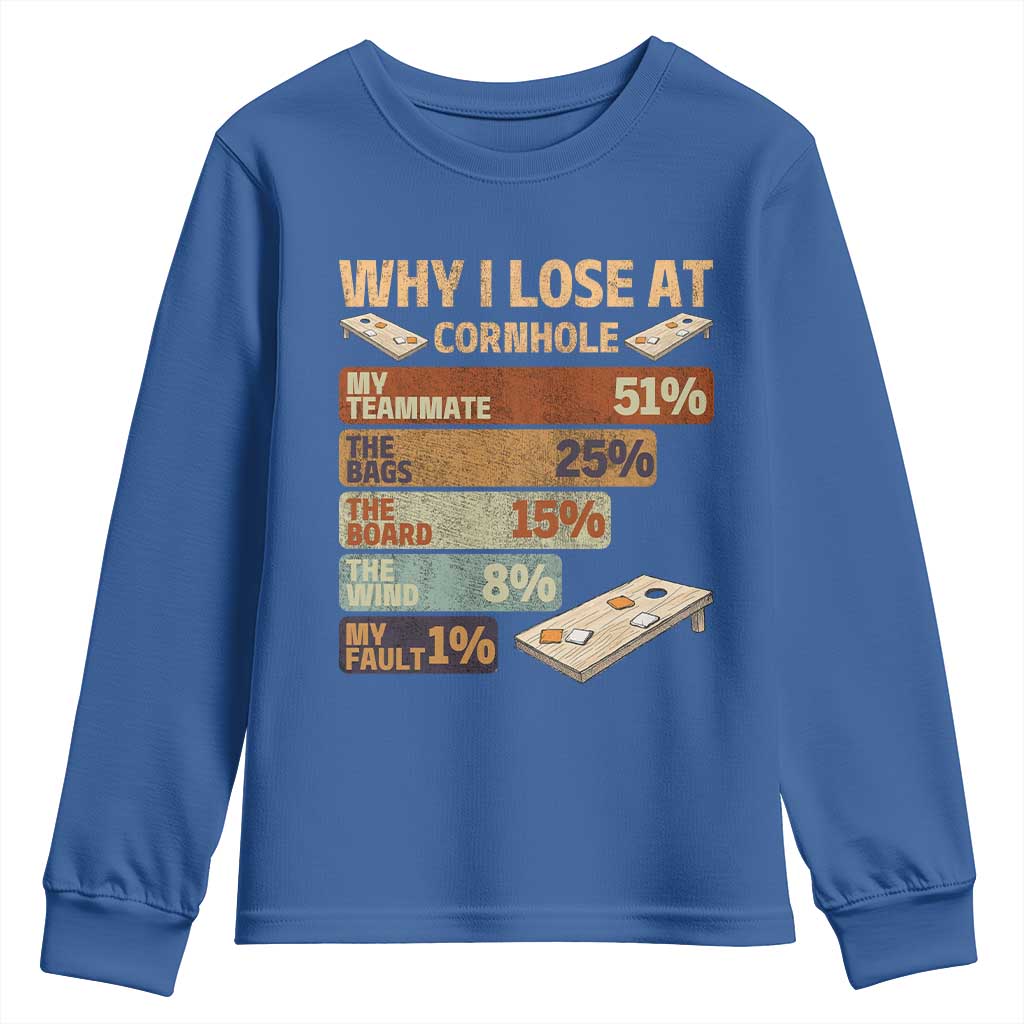 Funny Cornhole Player Youth Sweatshirt Retro Why I Lose Game Day Bean Bag Toss Game TS10 Royal Blue Print Your Wear