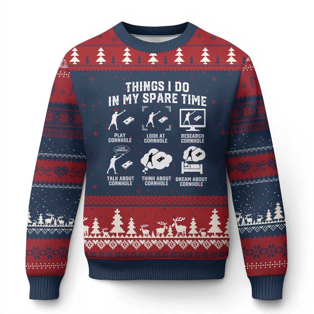 Funny Cornhole Lover Ugly Christmas Sweater Things I Do In My Spare Time Bean Bag Toss Game TS10 Navy Red Print Your Wear