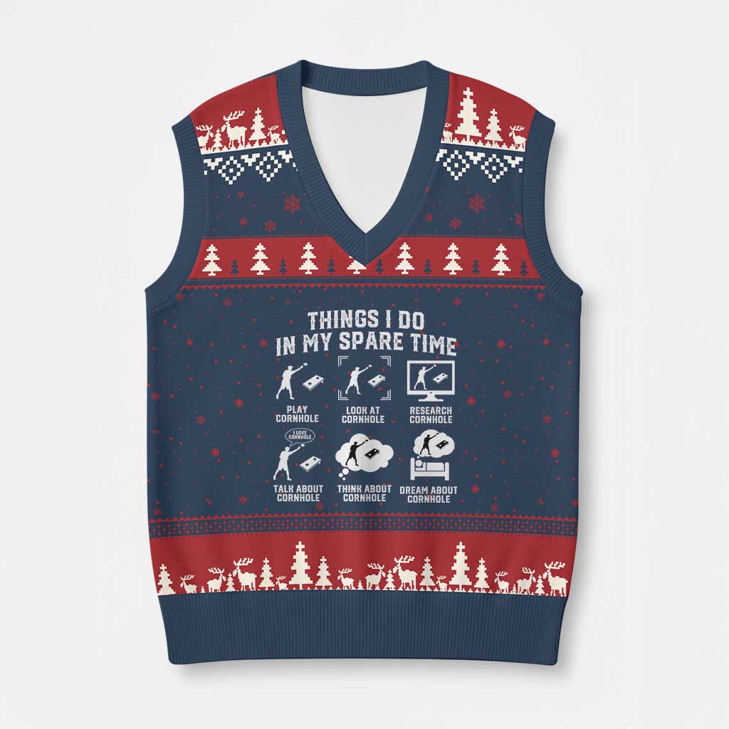 Funny Cornhole Lover V-Neck Knit Sweater Vest Things I Do In My Spare Time Bean Bag Toss Game TS10 Navy Red Print Your Wear
