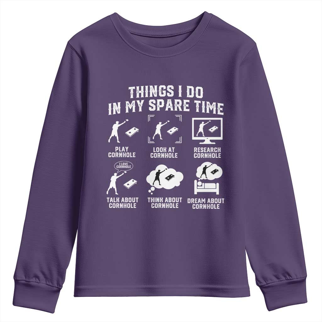 Funny Cornhole Lover Youth Sweatshirt Things I Do In My Spare Time Bean Bag Toss Game TS10 Purple Print Your Wear