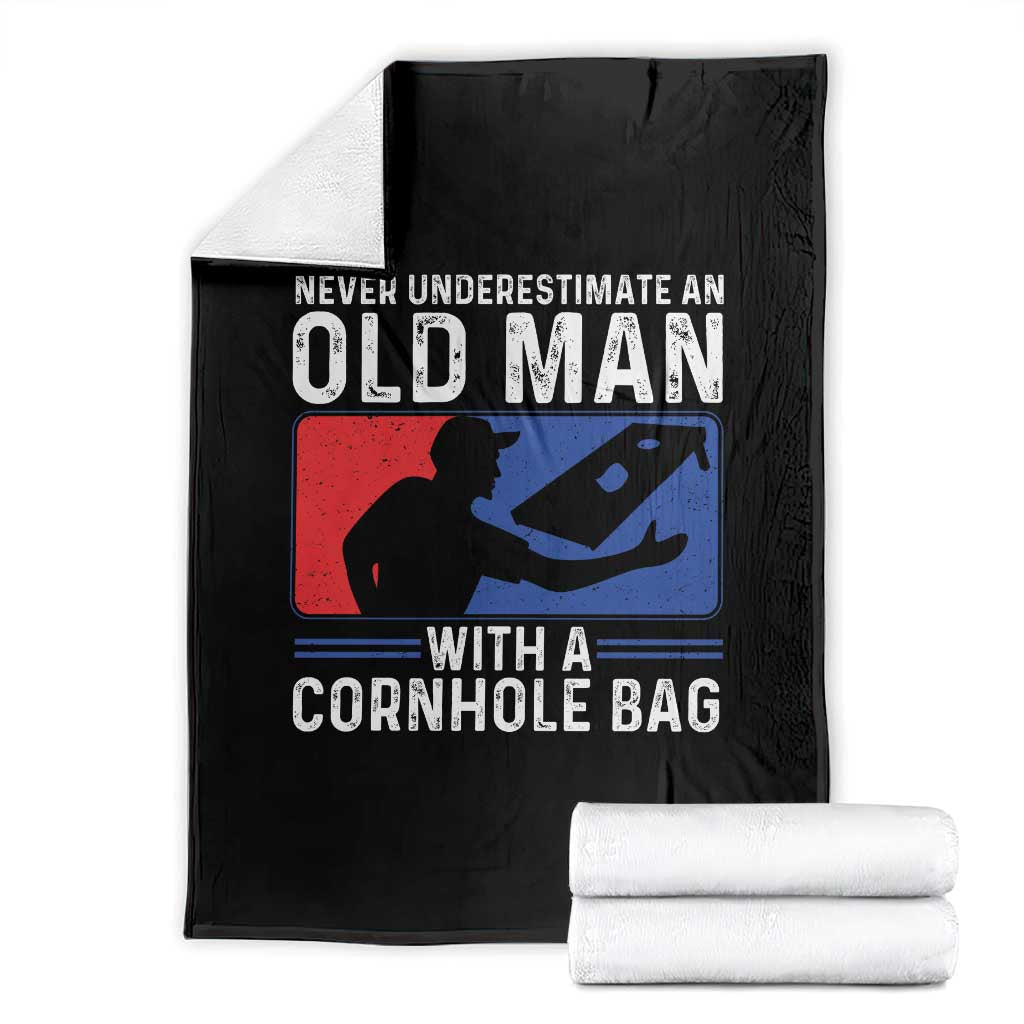 Funny Cornhole Player Throw Blanket Never Underestimate An Old Man With A Cornhole Bag TS10 Black Print Your Wear
