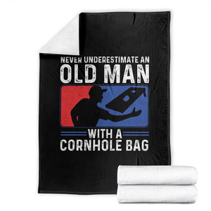 Funny Cornhole Player Throw Blanket Never Underestimate An Old Man With A Cornhole Bag TS10 Black Print Your Wear