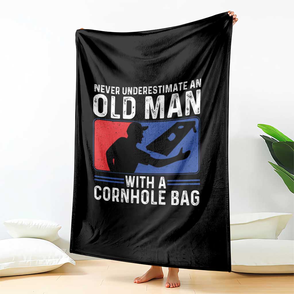 Funny Cornhole Player Throw Blanket Never Underestimate An Old Man With A Cornhole Bag TS10 Print Your Wear