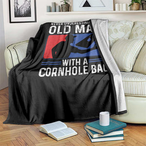 Funny Cornhole Player Throw Blanket Never Underestimate An Old Man With A Cornhole Bag TS10 Print Your Wear