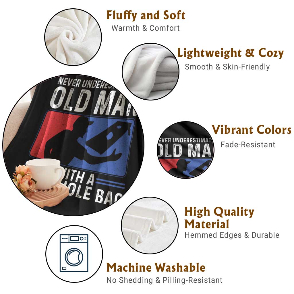 Funny Cornhole Player Throw Blanket Never Underestimate An Old Man With A Cornhole Bag TS10 Print Your Wear