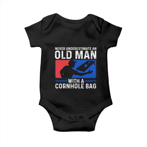 Funny Cornhole Player Baby Onesie Never Underestimate An Old Man With A Cornhole Bag TS10 Black Print Your Wear