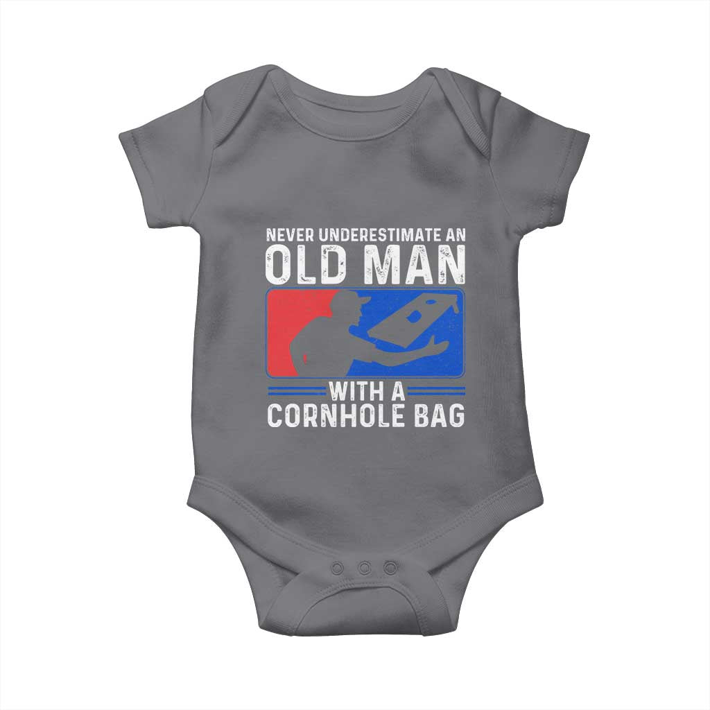 Funny Cornhole Player Baby Onesie Never Underestimate An Old Man With A Cornhole Bag TS10 Charcoal Print Your Wear