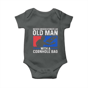 Funny Cornhole Player Baby Onesie Never Underestimate An Old Man With A Cornhole Bag TS10 Dark Heather Print Your Wear