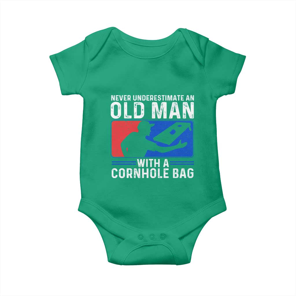 Funny Cornhole Player Baby Onesie Never Underestimate An Old Man With A Cornhole Bag TS10 Irish Green Print Your Wear