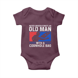 Funny Cornhole Player Baby Onesie Never Underestimate An Old Man With A Cornhole Bag TS10 Maroon Print Your Wear