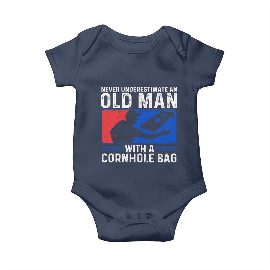 Funny Cornhole Player Baby Onesie Never Underestimate An Old Man With A Cornhole Bag TS10 Navy Print Your Wear