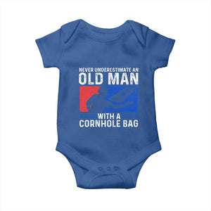 Funny Cornhole Player Baby Onesie Never Underestimate An Old Man With A Cornhole Bag TS10 Royal Blue Print Your Wear