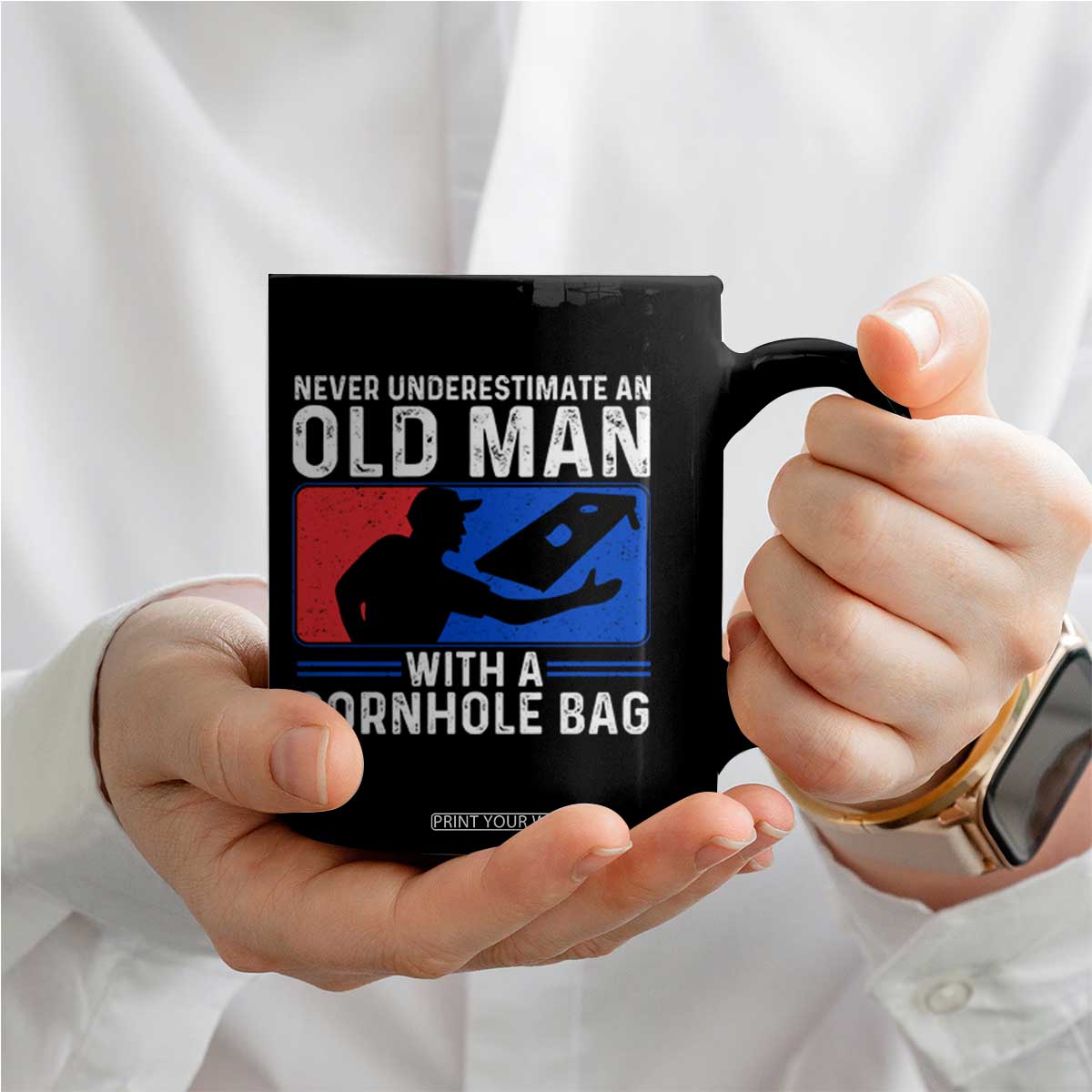 Funny Cornhole Player Coffee Mug Never Underestimate An Old Man With A Cornhole Bag TS10 Print Your Wear
