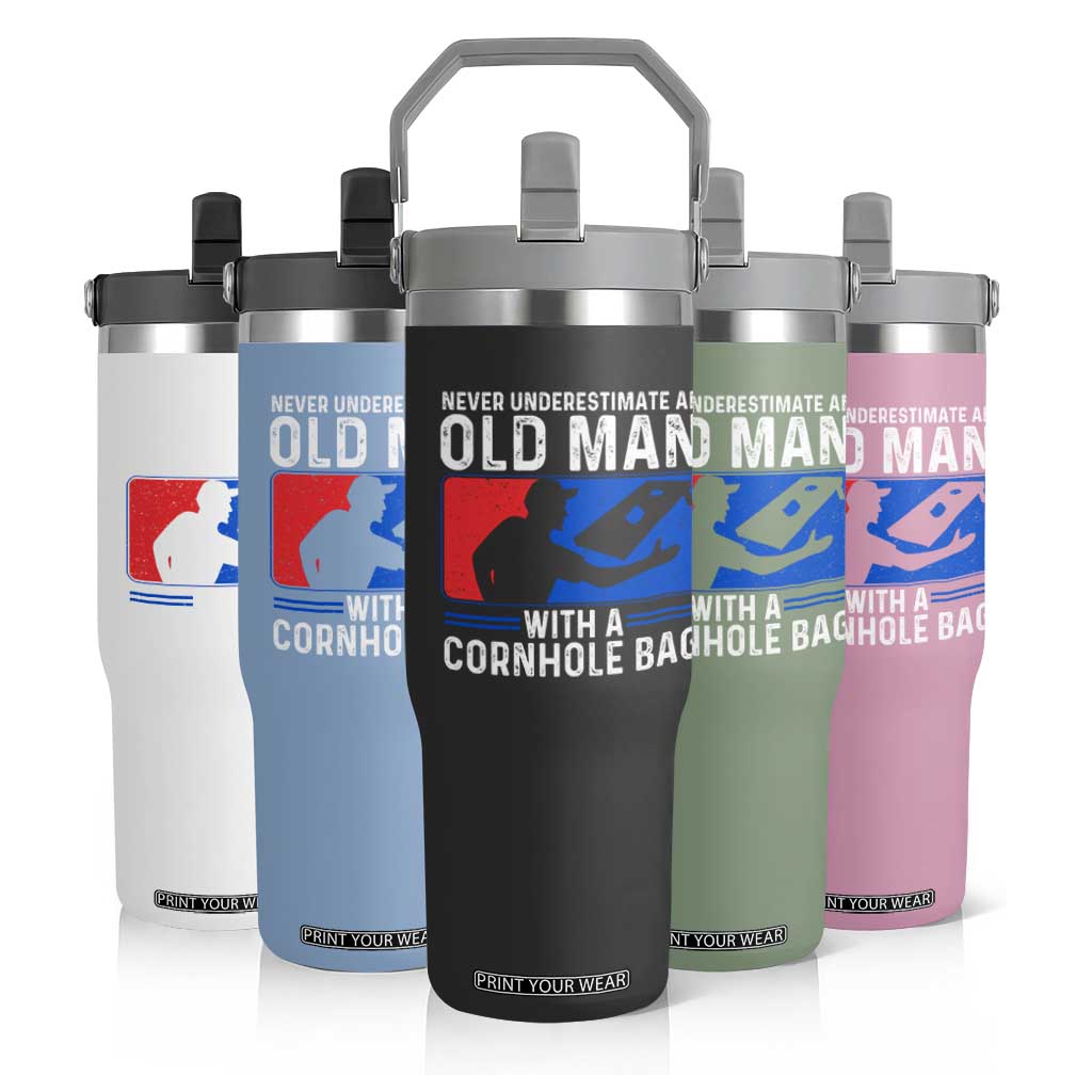 Funny Cornhole Player Flip Straw Tumbler Never Underestimate An Old Man With A Cornhole Bag TS10 Print Your Wear