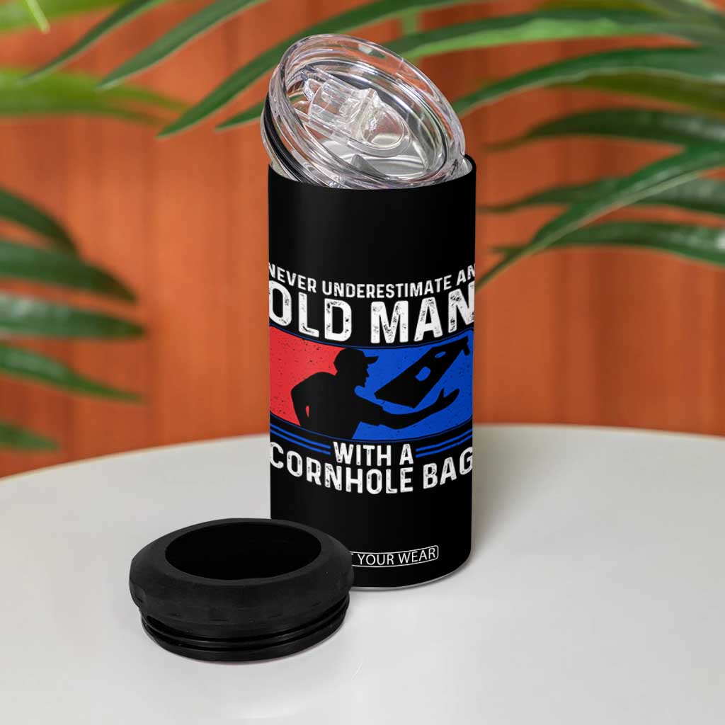 Funny Cornhole Player 4 in 1 Can Cooler Tumbler Never Underestimate An Old Man With A Cornhole Bag TS10 Print Your Wear