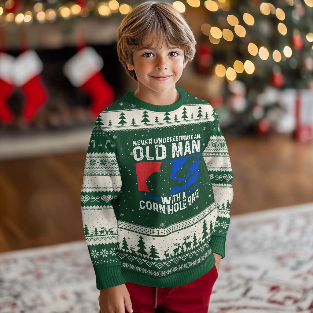 Funny Cornhole Player Ugly Christmas Sweater Never Underestimate An Old Man With A Cornhole Bag TS10 Forest Green Beige Print Your Wear