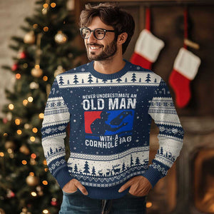 Funny Cornhole Player Ugly Christmas Sweater Never Underestimate An Old Man With A Cornhole Bag TS10 Navy Beige Print Your Wear
