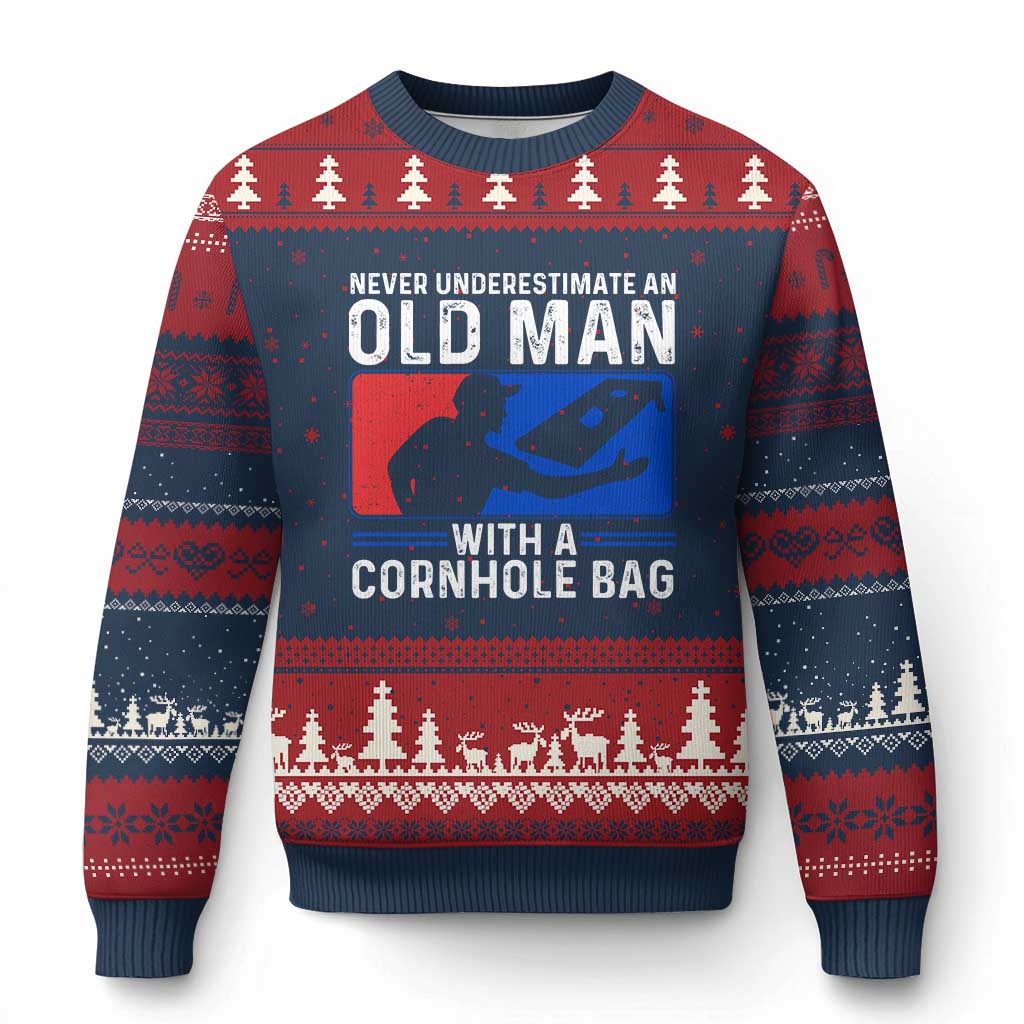 Funny Cornhole Player Ugly Christmas Sweater Never Underestimate An Old Man With A Cornhole Bag TS10 Navy Red Print Your Wear